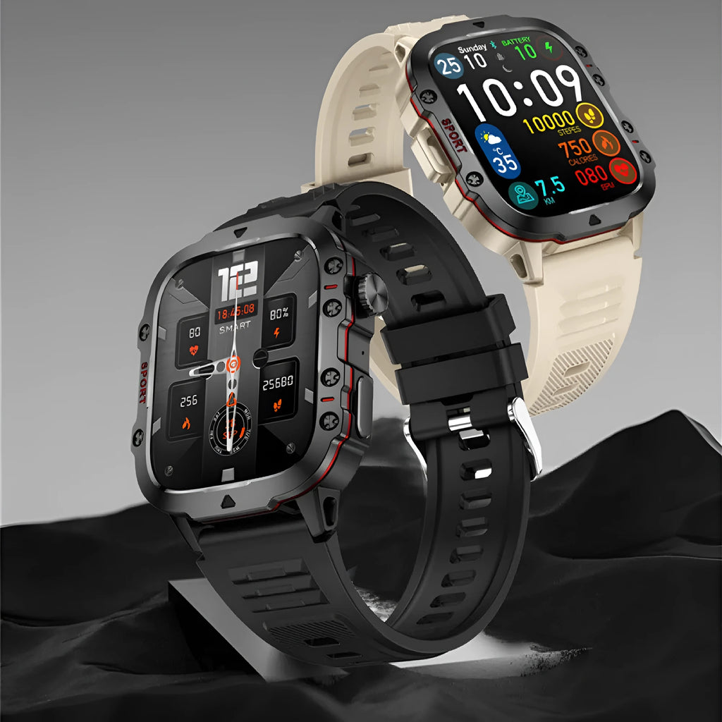 QX11 smartwatch with 50mm touch screen showing heart rate and step count display on wrist.