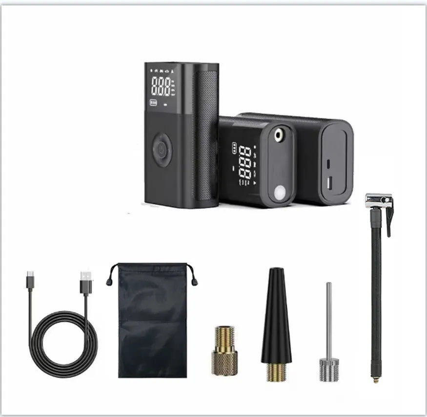 Handheld wireless digital display car tyre air pump with multiple nozzles and accessories