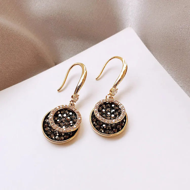Black geometric alloy earrings with 3.6cm length and retro Hong Kong style design