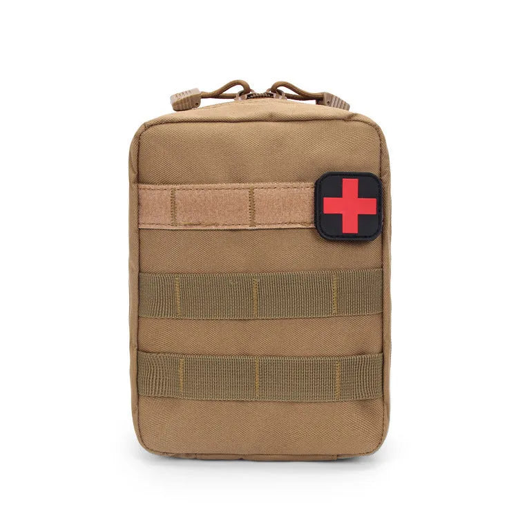 Army green tactical medical pouch with Velcro straps, shown with dimensions 15cm by 21cm.