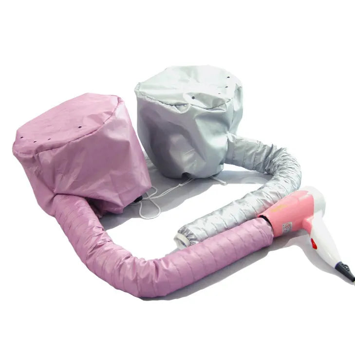 Universal hair dryer bonnet hood attachment with elastic tube end and drawstring closure