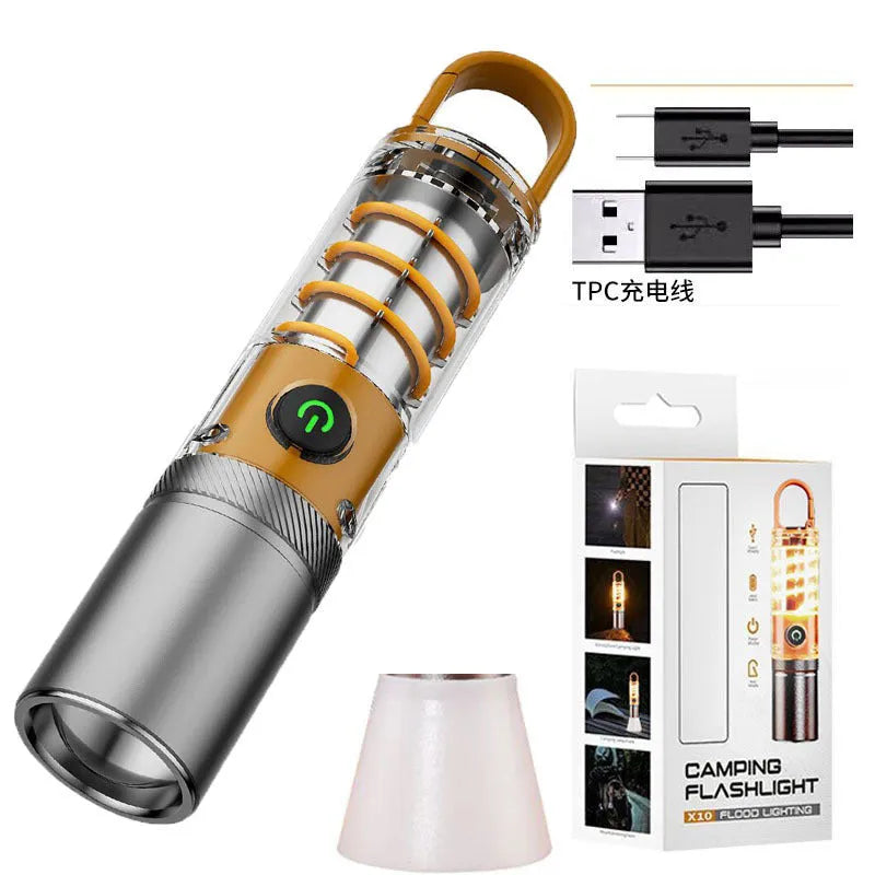Orange and beige multifunctional flashlight with magnetic hook and optical zoom lens.