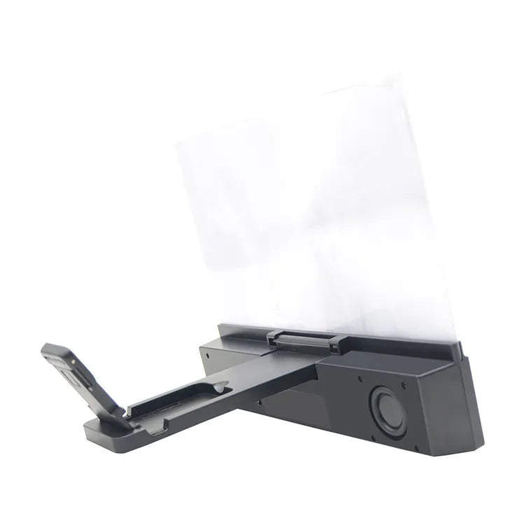 12-inch mobile phone screen amplifier with acrylic lens and ABS housing, showing Bluetooth audio and battery compartment.