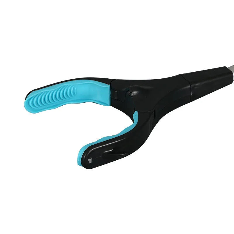 Blue foldable portable pick-up tool with extended aluminium handle and TPR handgrip.