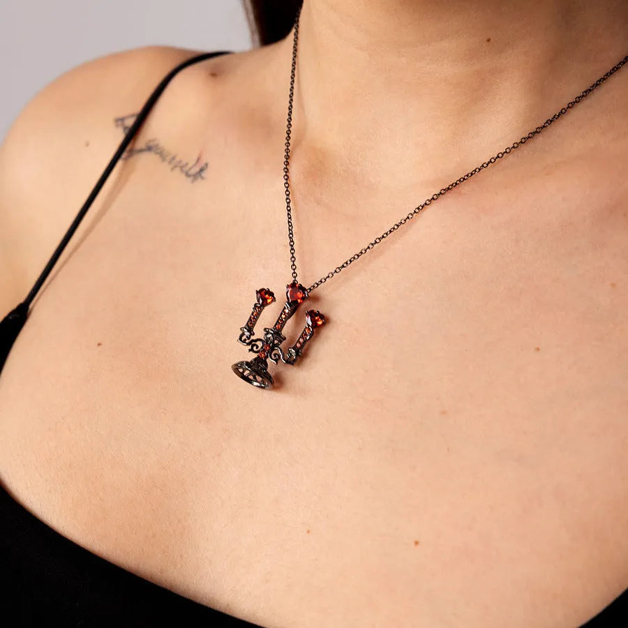 Retro candlestick Gothic necklace with hollow pendant and cross chain in zinc alloy