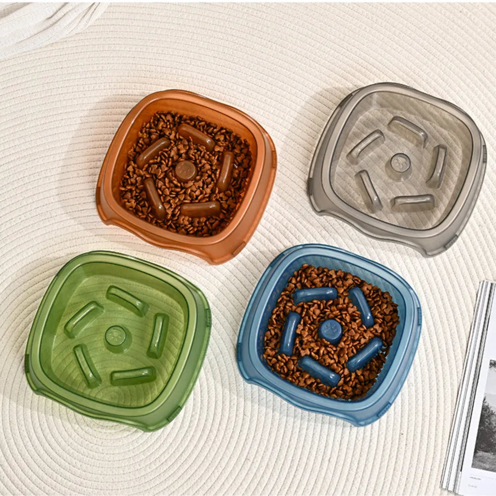 Blue plastic dog slow feeder bowl with raised internal maze pattern for anti-choking feeding