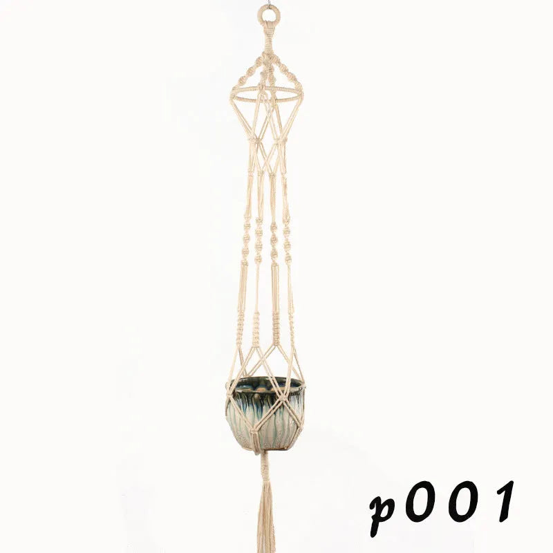 Woven wire planter basket in cotton rope, shown in desktop and wall hanging styles.