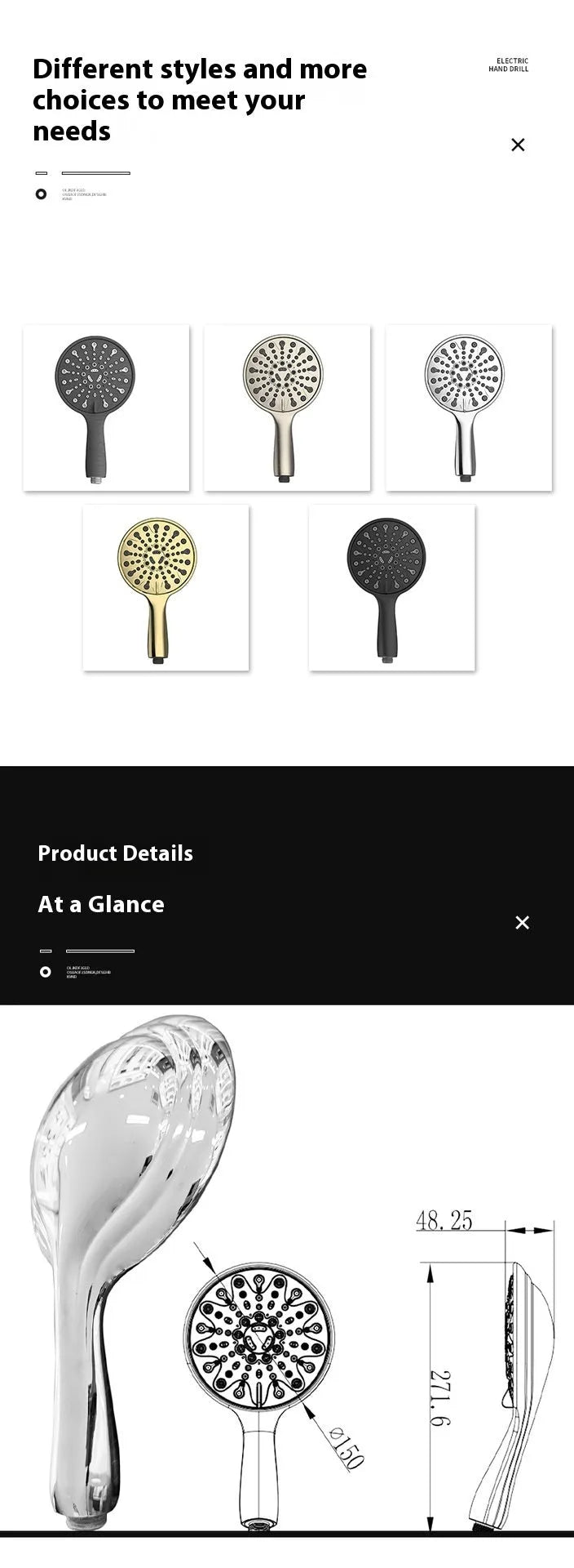 Portable handheld shower head with six spray functions and electroplated metallic finish