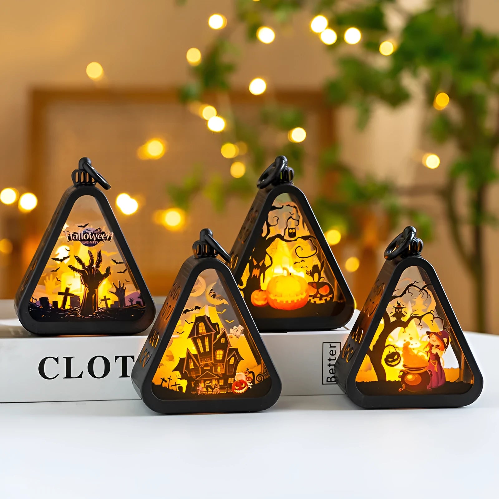 Halloween pumpkin lamp decorations in castle, ghost hand, pumpkin and witch designs