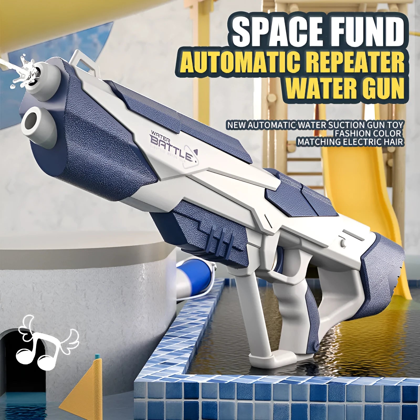 Blue electric space water gun with trigger, shown with USB charging cable and battery.