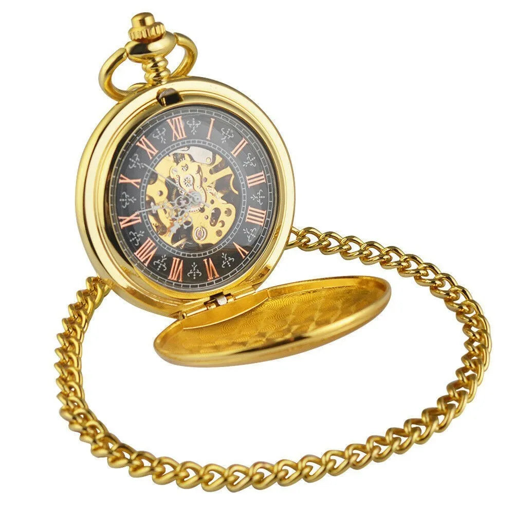 Retro automatic mechanical pocket watch with floral print hollow dial and transparent case back.