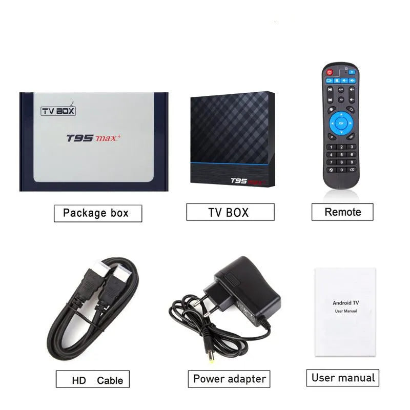 Black T95 Max Plus Android TV Box with remote, showing choice of EU, UK and US power plugs.