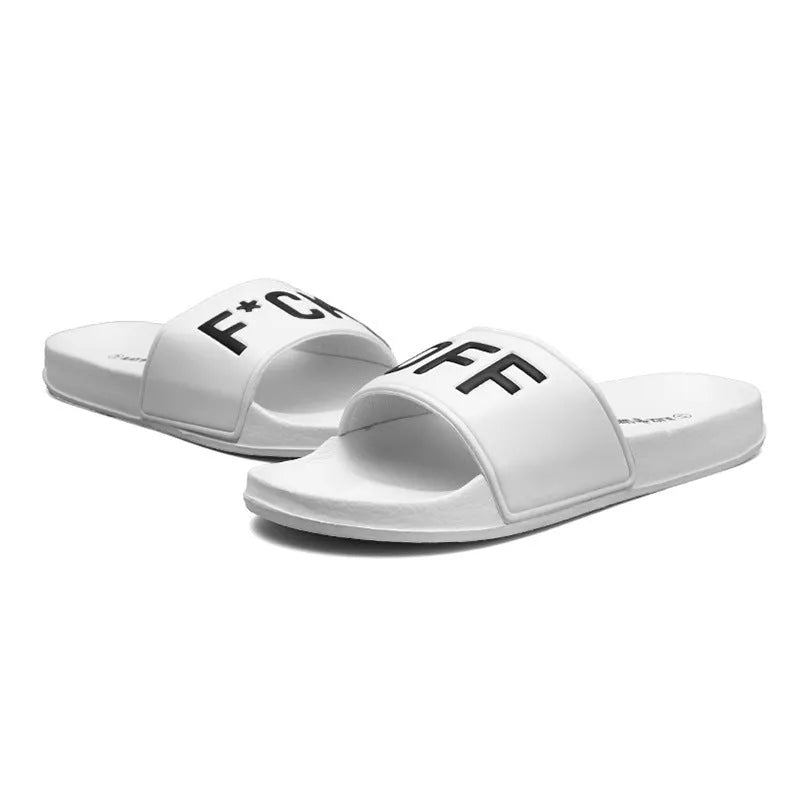 Large size men's personalised open toe slippers with rubber soles in black and white colour options