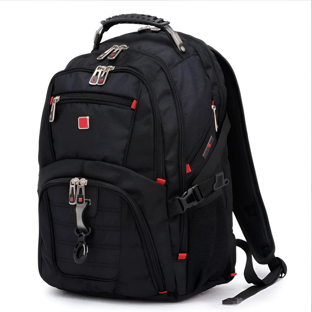 Black business computer backpack showing three compartments, open to reveal laptop sleeve and organiser pockets.