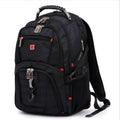 Black business computer backpack showing three compartments, open to reveal laptop sleeve and organiser pockets.