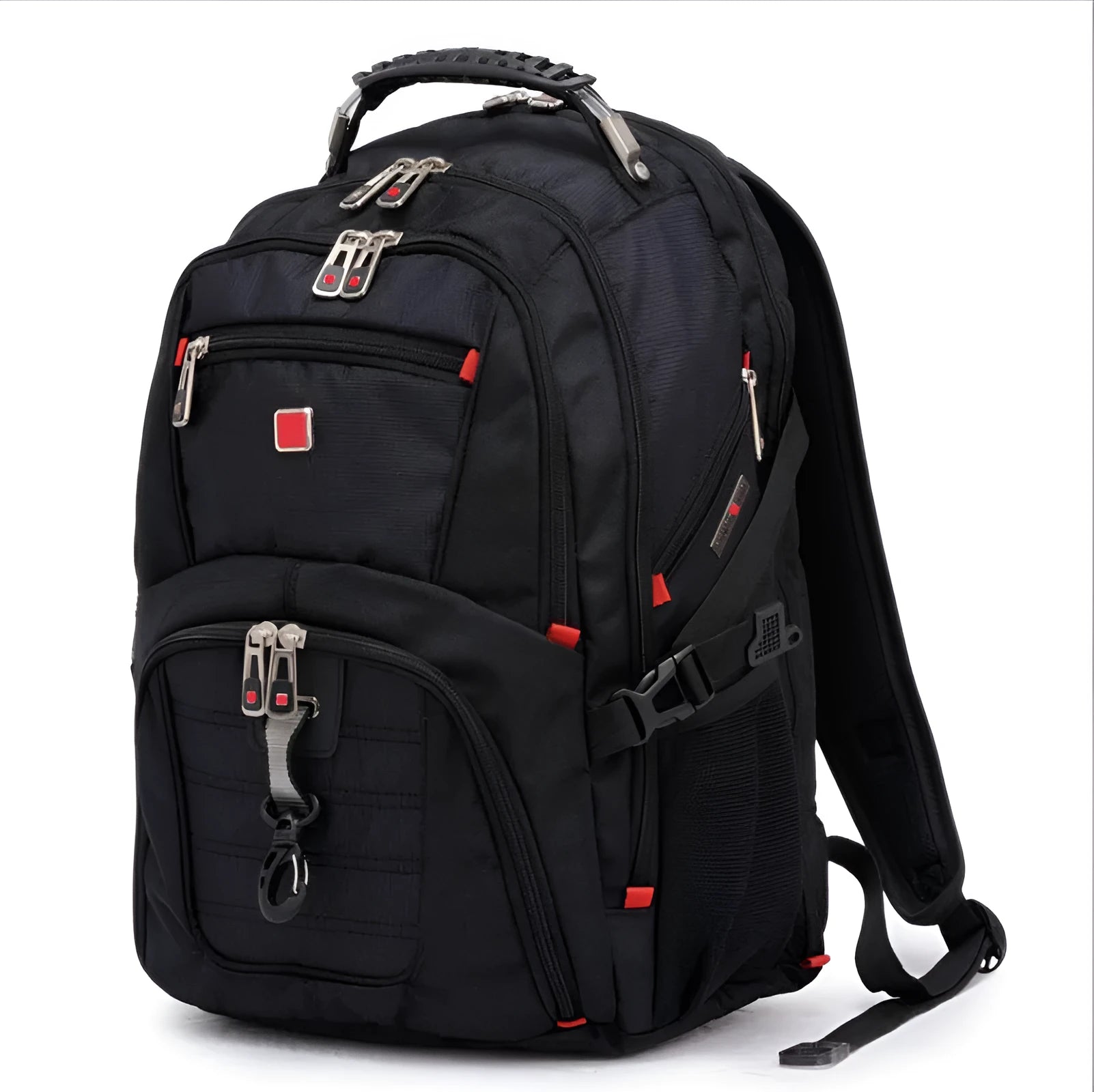 Black business computer backpack showing three compartments, open to reveal laptop sleeve and organiser pockets.