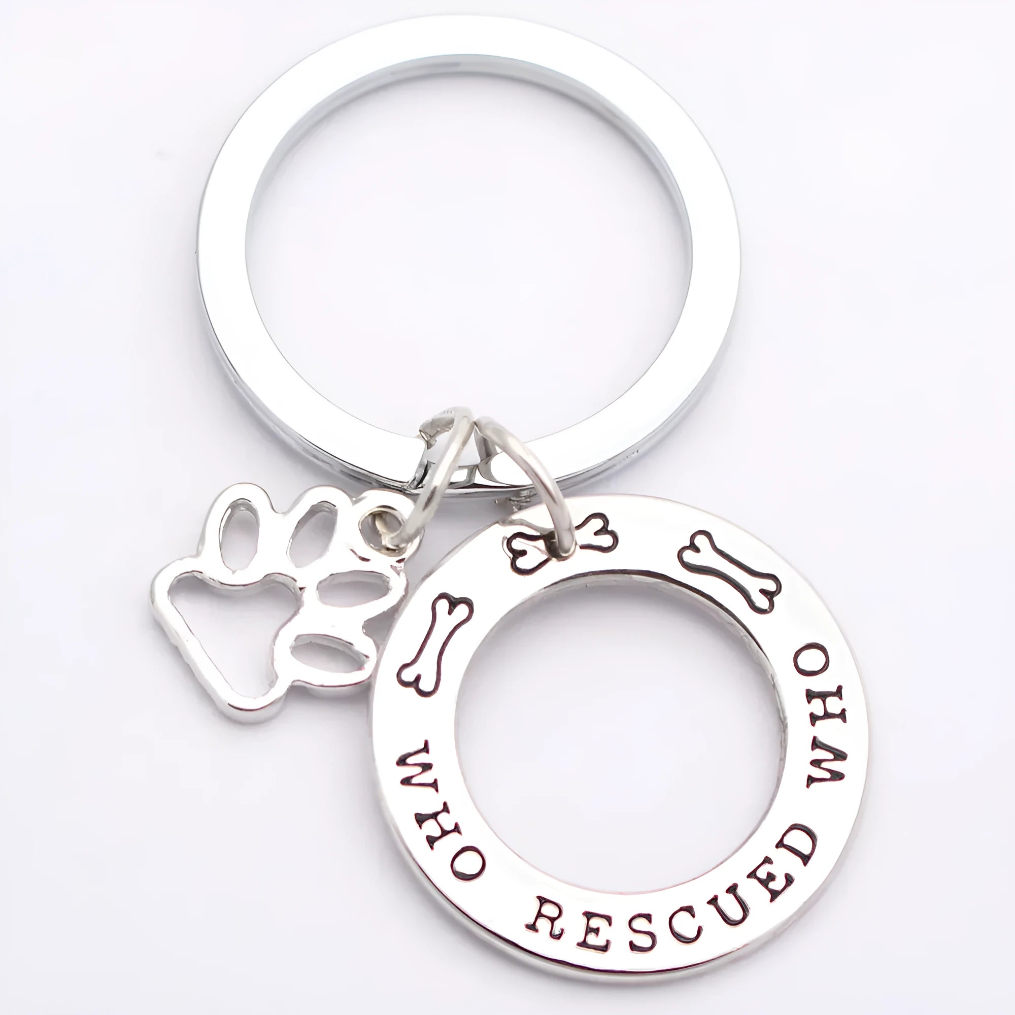 Who Rescued Who pet dog lover accessory in white alloy electroplated finish