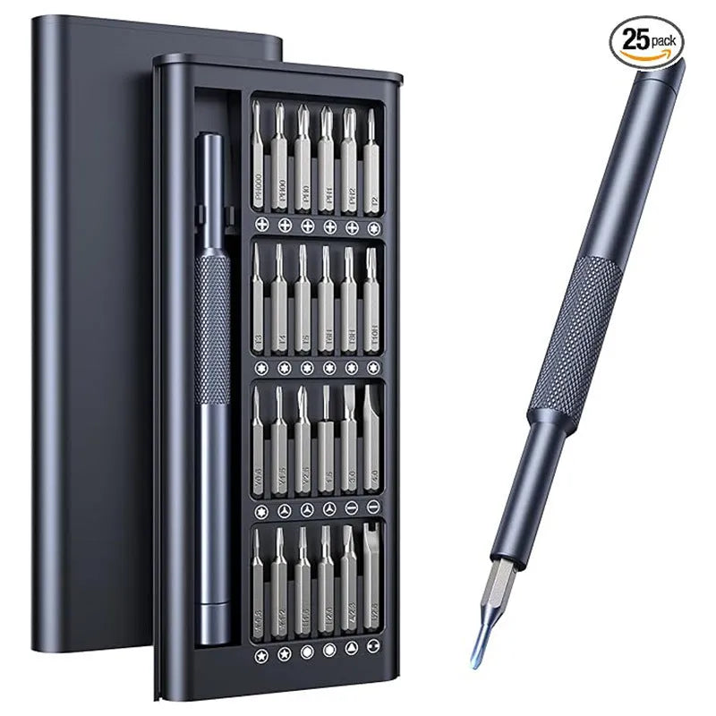 25-in-one magnetic screwdriver set with knurled handle and chrome vanadium steel bits.