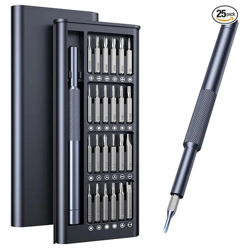 25-in-one magnetic screwdriver set with knurled handle and chrome vanadium steel bits.