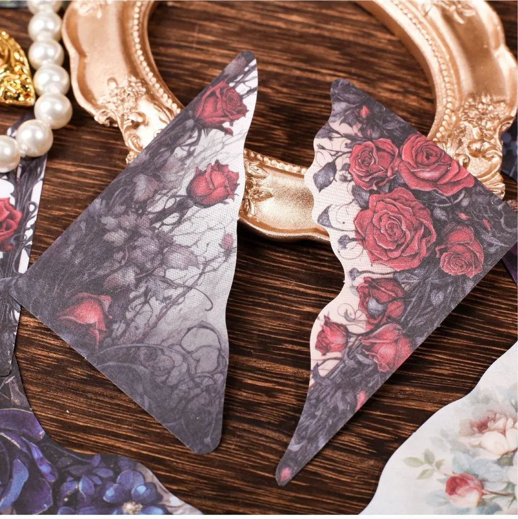 Decorative notebook set showing artistic covers in spring vine, pink plum, red rose, blue, green field, and purple dew colours.