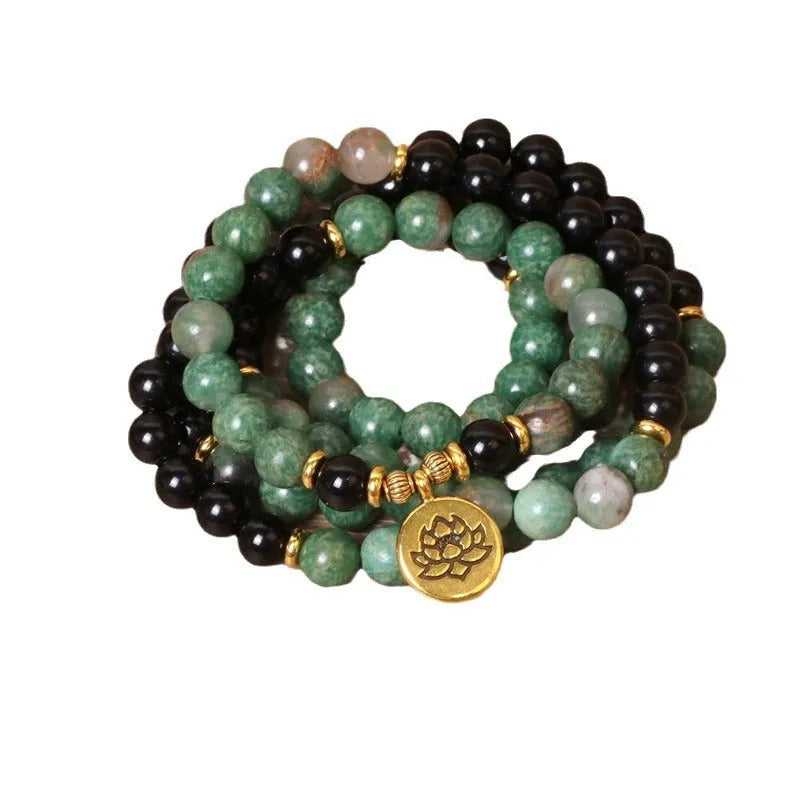 Green and black elastic beaded long bracelet with alloy beads on stretch band