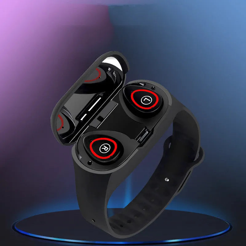 Smart bracelet earphone combo in black, blue, or red colours with a 1-inch screen on a silicone wristband