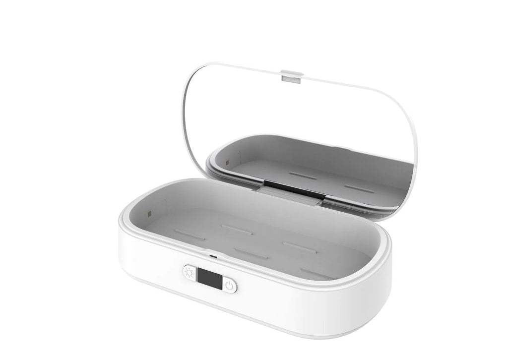 White ABS plastic wireless UV steriliser box for phones and small personal items.