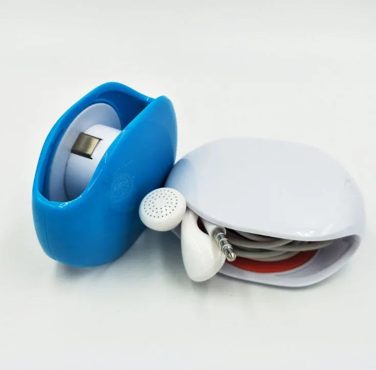 Automatic earphone cable winder retractor in a compact plastic case.