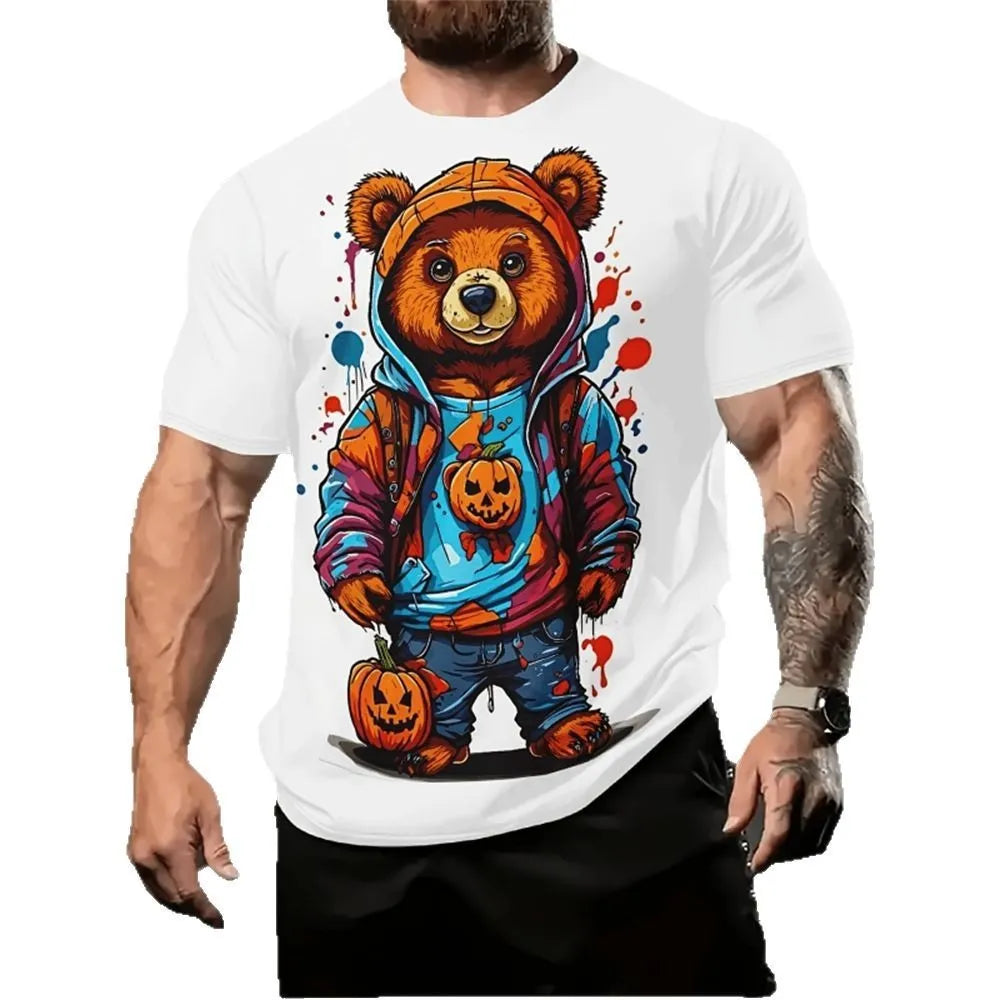 Man wearing a loose-fit short sleeve shirt with a colourful 3D cartoon print.