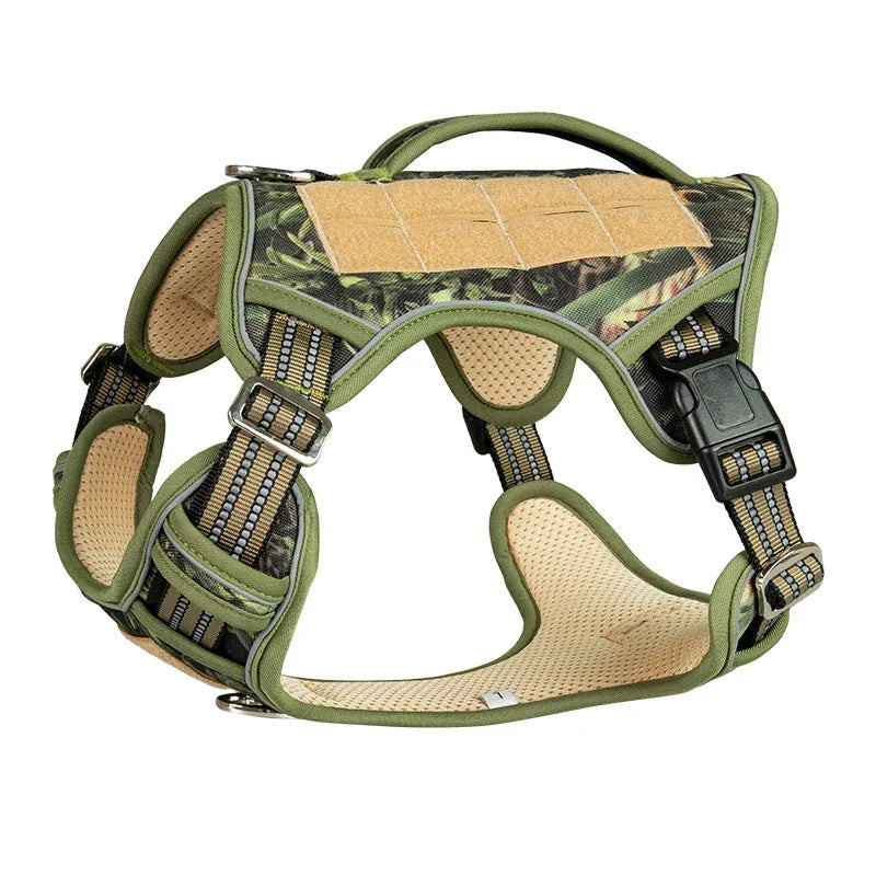Working dog tactical chest harness for search and rescue dogs in camouflage colour