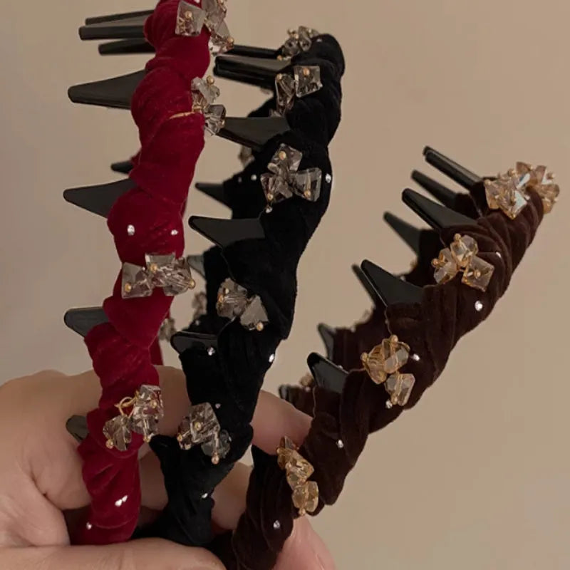 French velvet hairband with crystal wave pressing decoration in wine red colour