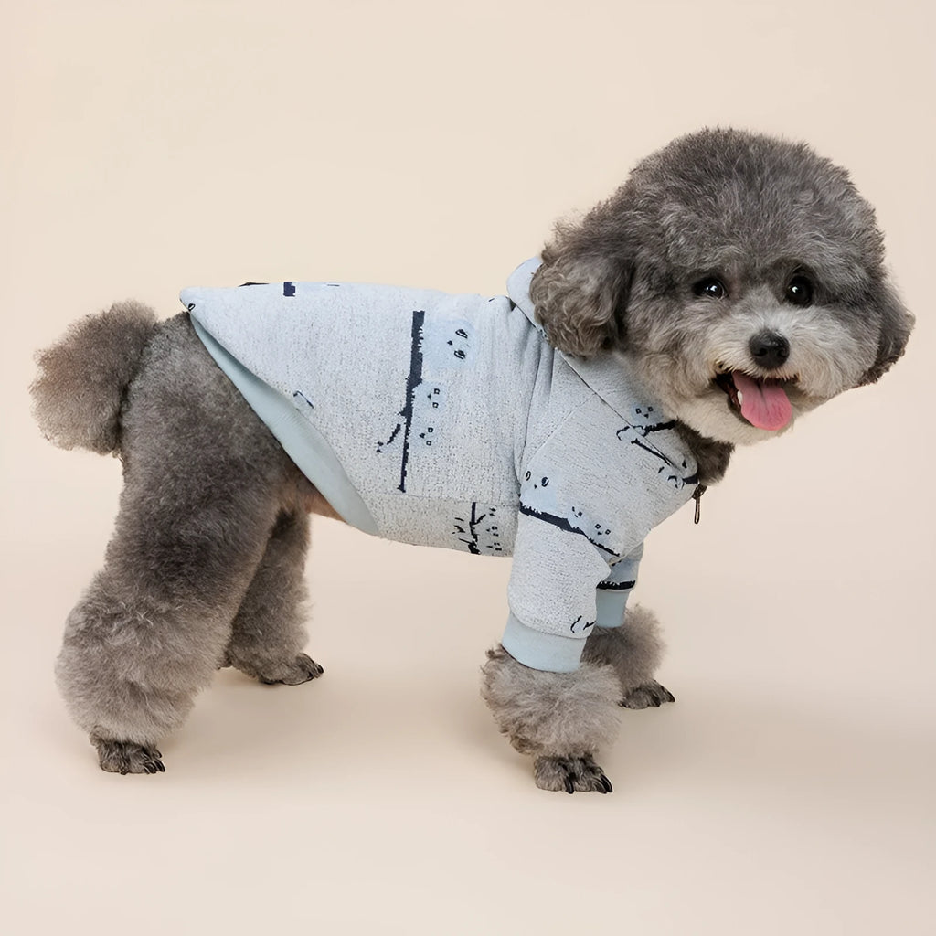 Blue cotton dog sweater with zipper front closure and dog pattern print shown on a pet