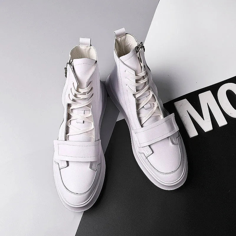 PU leather men's winter ankle boots in high-top sneakers style with microfiber upper, available in black and white colours