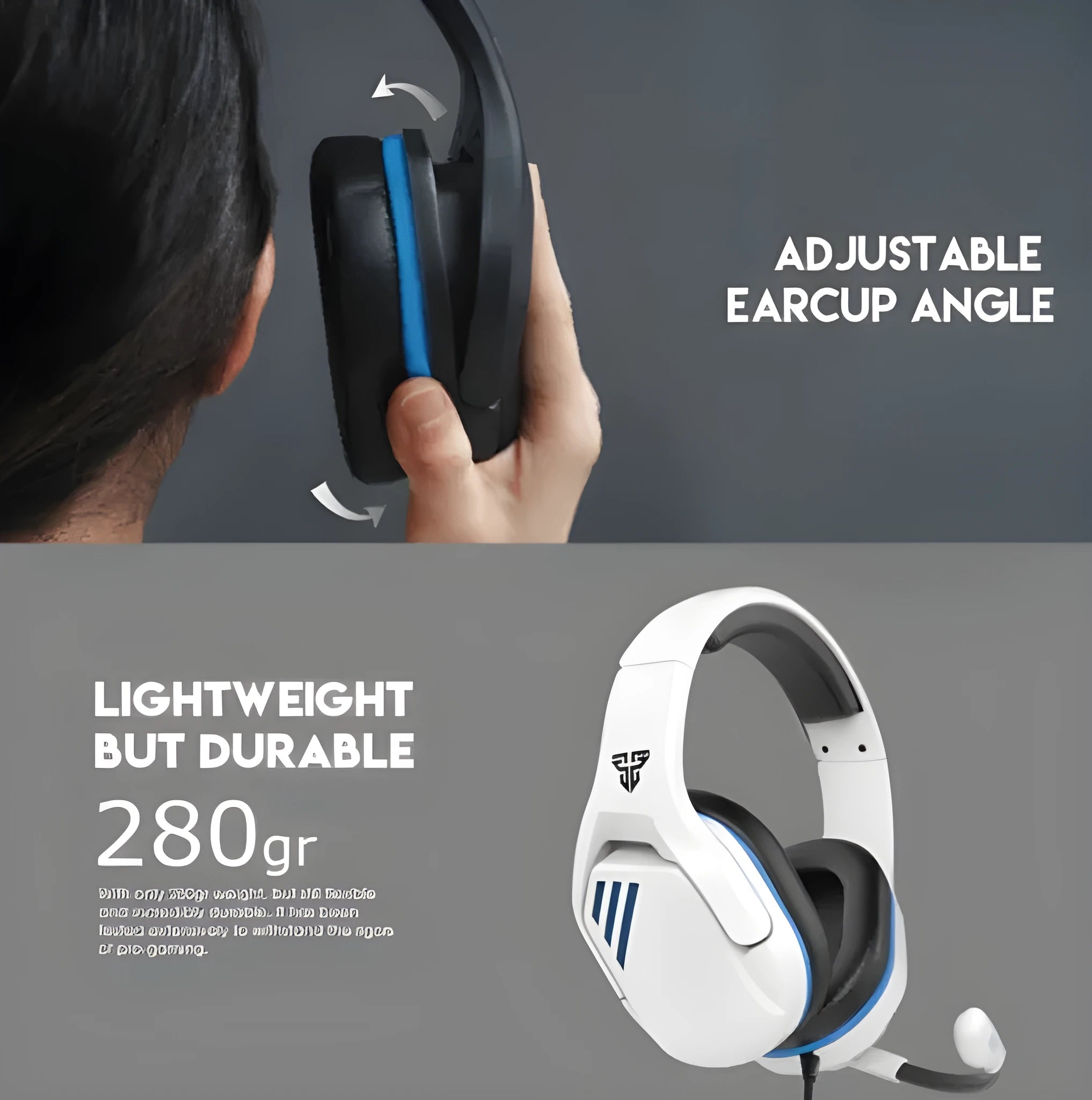 MH86 black and white esports headset with microphone, 50mm drivers, and 2-metre cable