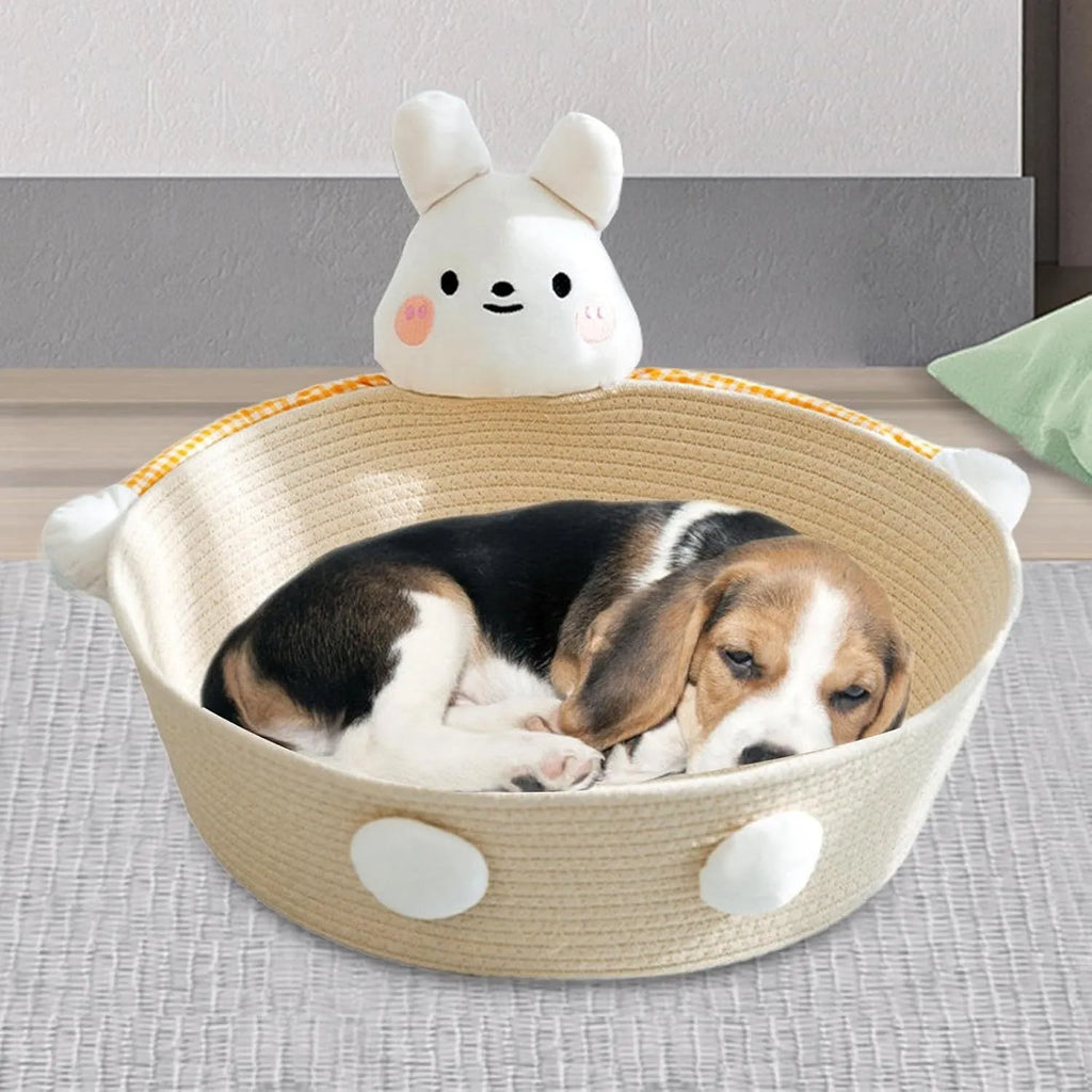Woven cotton rope cat bed with scratching board in basket design