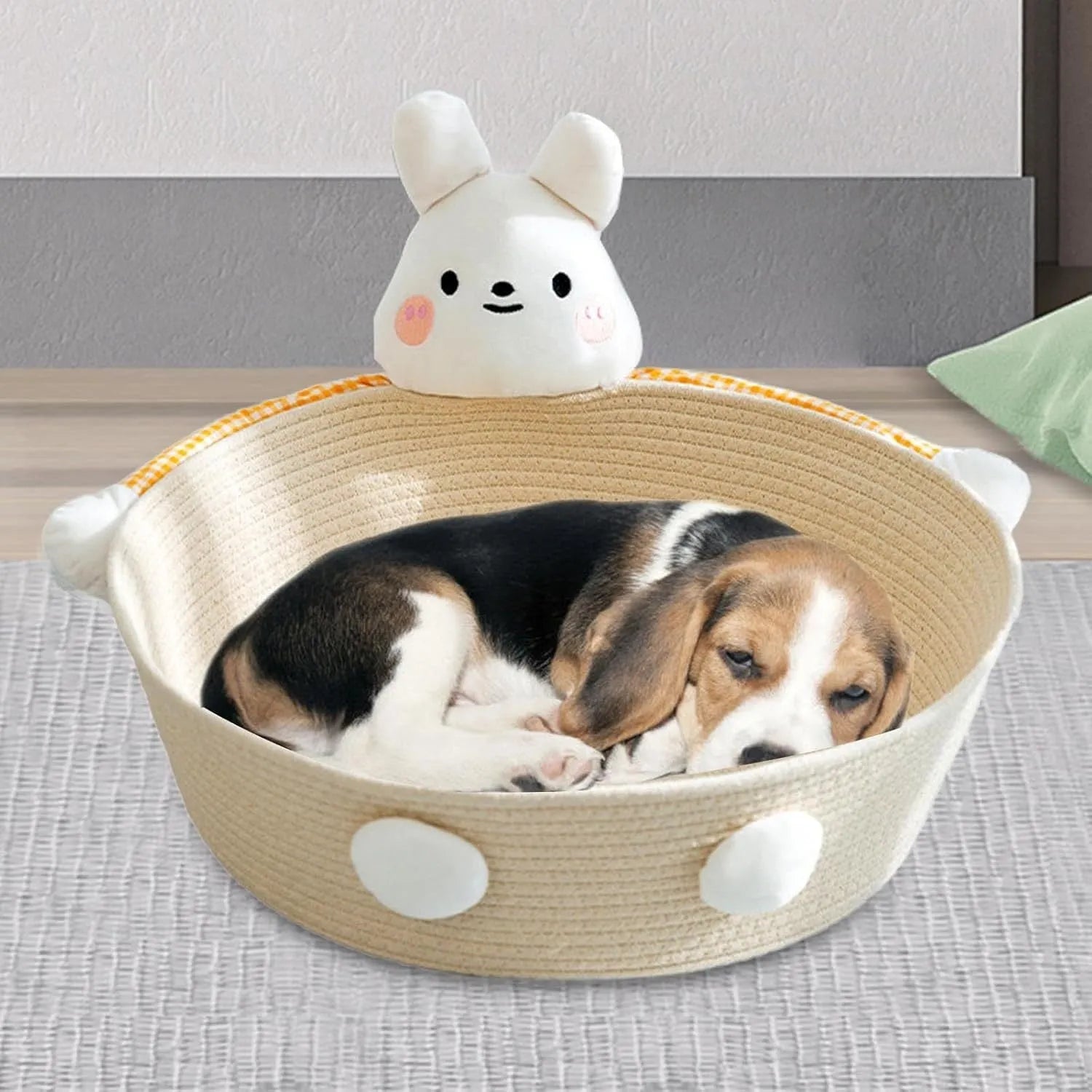 Woven cotton rope cat bed with scratching board in basket design