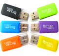 Mini USB TF card reader with SD transfer adapter for microSD cards.