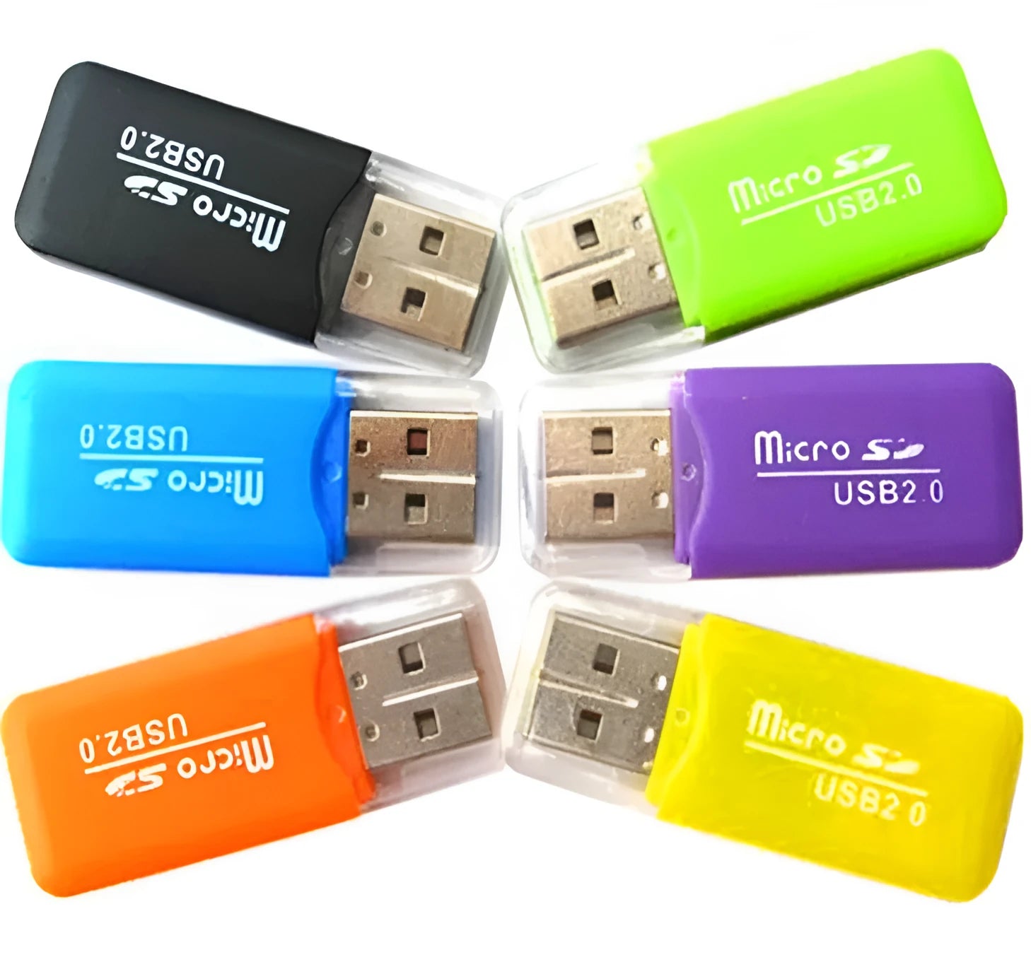 Mini USB TF card reader with SD transfer adapter for microSD cards.