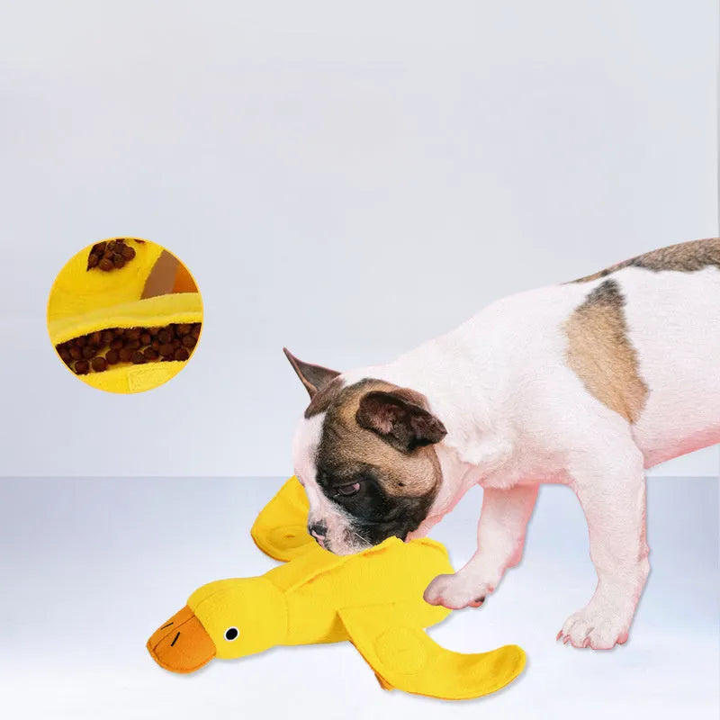 Yellow bone-shaped dog training toy with built-in duck sound chip and treat leakage compartments