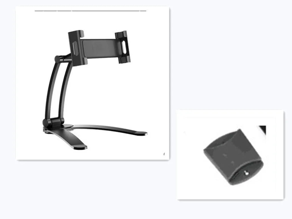 Silver aluminium alloy tablet stand holding a tablet, showing its 360-degree adjustable hinge and chuck system.