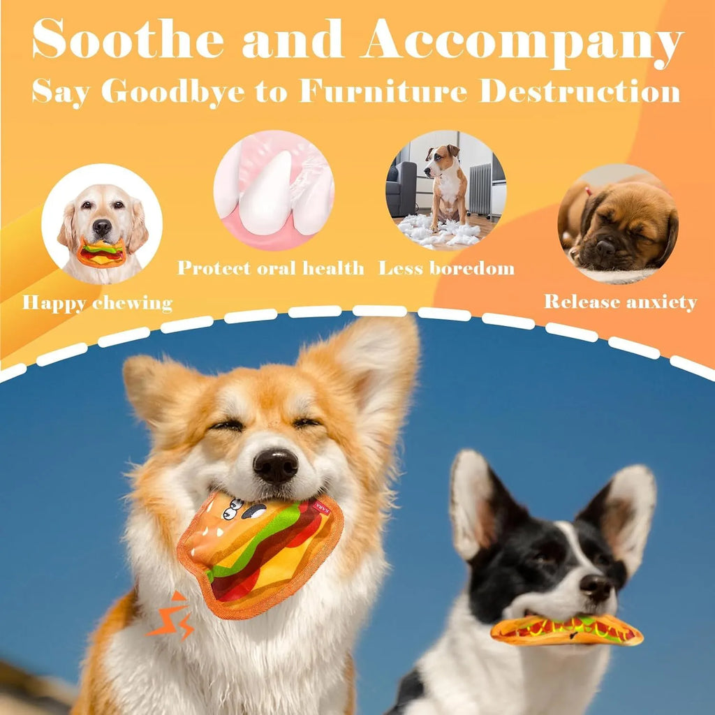 Food-themed crinkle squeaky dog toys in burger, fries, hot dog, and pizza designs for interactive play