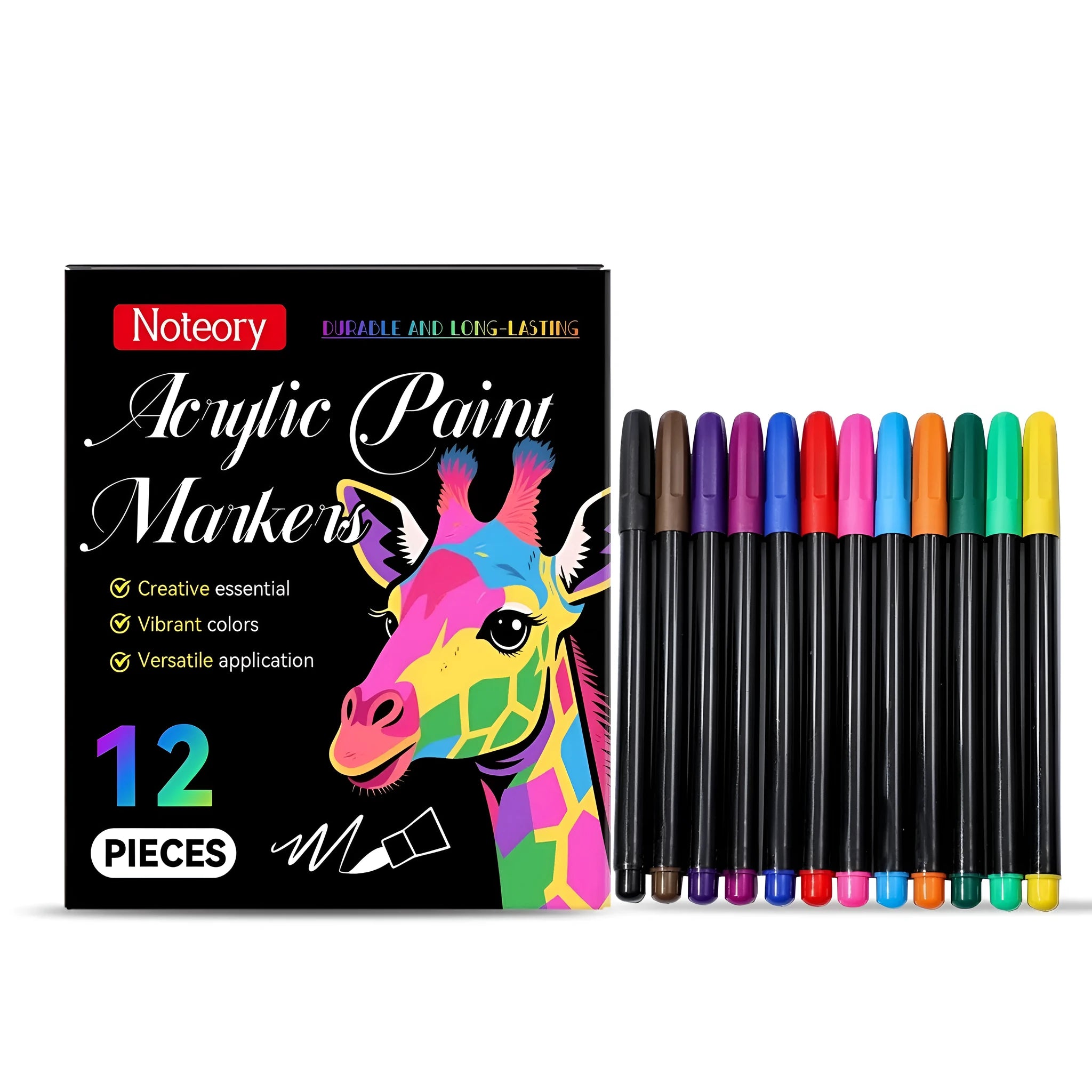 Set of 12 acrylic paint markers with fine bullet tips for crafts on fabric, wood, and canvas.