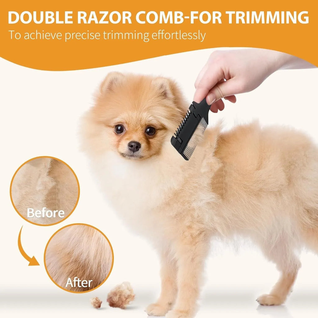 Pet razor comb and trimmer tool with comb teeth and blade, includes replacement blades, for dog and cat grooming.