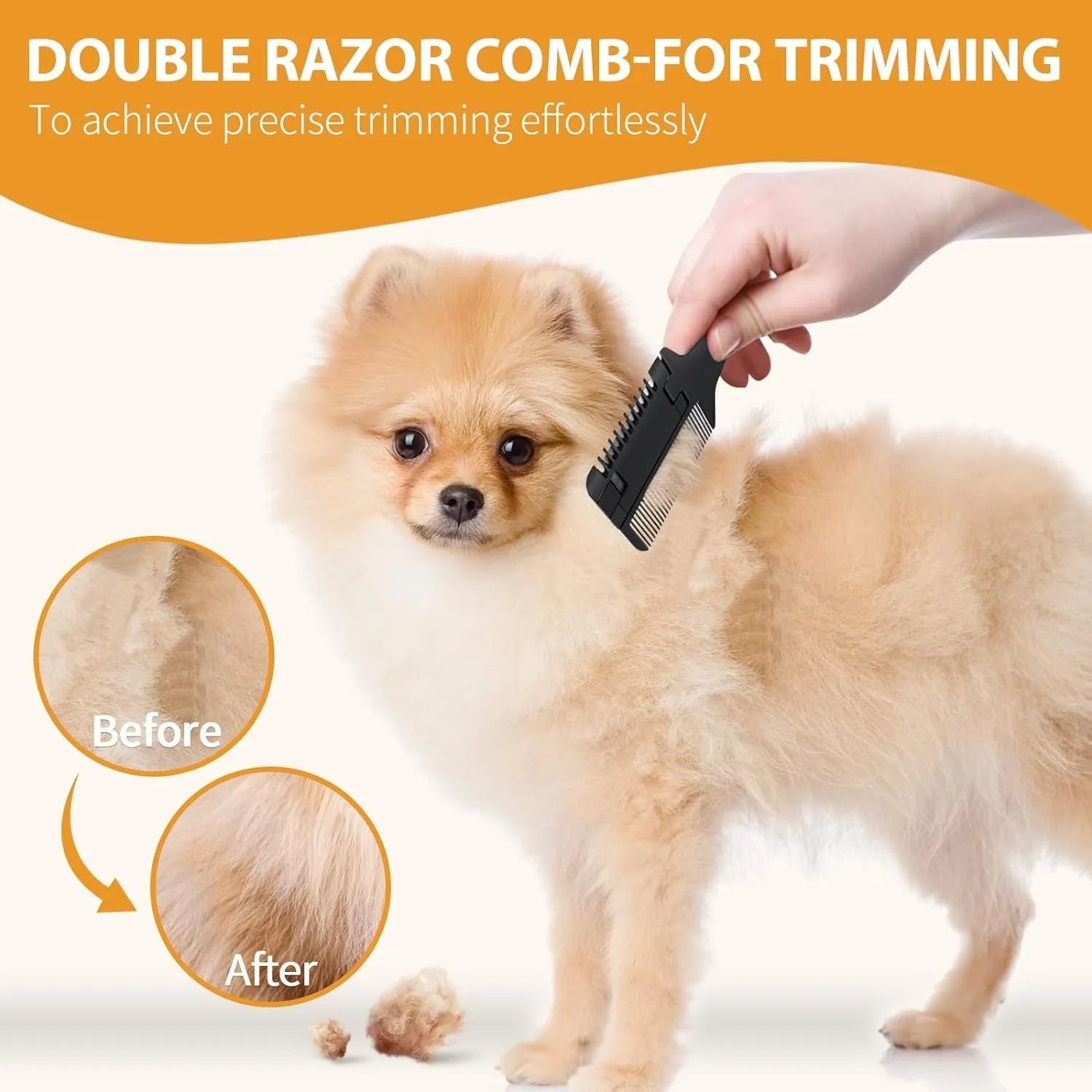 Pet razor comb and trimmer tool with comb teeth and blade, includes replacement blades, for dog and cat grooming.