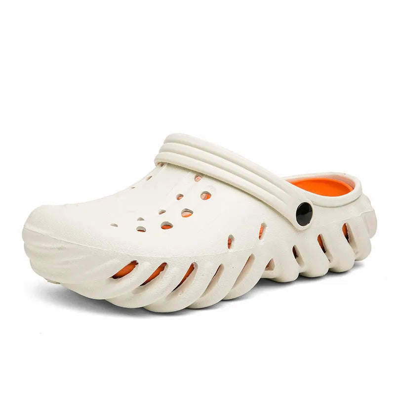 Men's EVA hole slippers in beige showing non-slip sole and round toe design for outdoor use