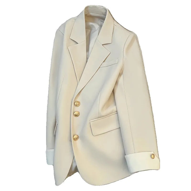 Korean-style women's loose fit commuting coat in milky white with regular long sleeves