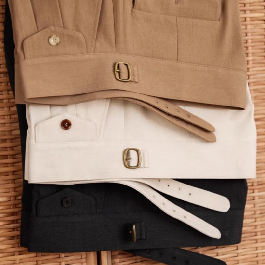 Men's slim fit straight leg business trousers in dark grey, light brown, and light apricot.