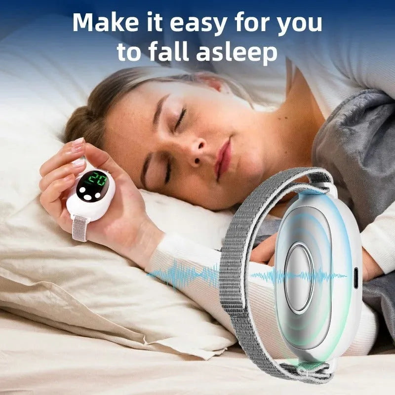 White USB rechargeable sleep aid device with wrist strap and handheld remote control