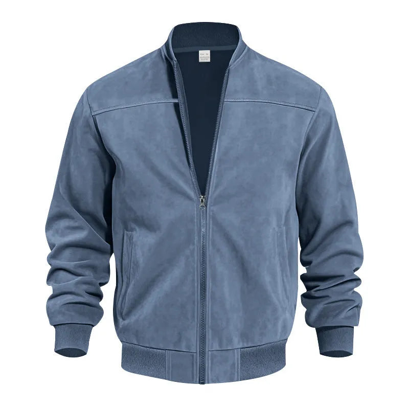 Men's plus-size suede casual zip jacket in Army Green, shown on a model.