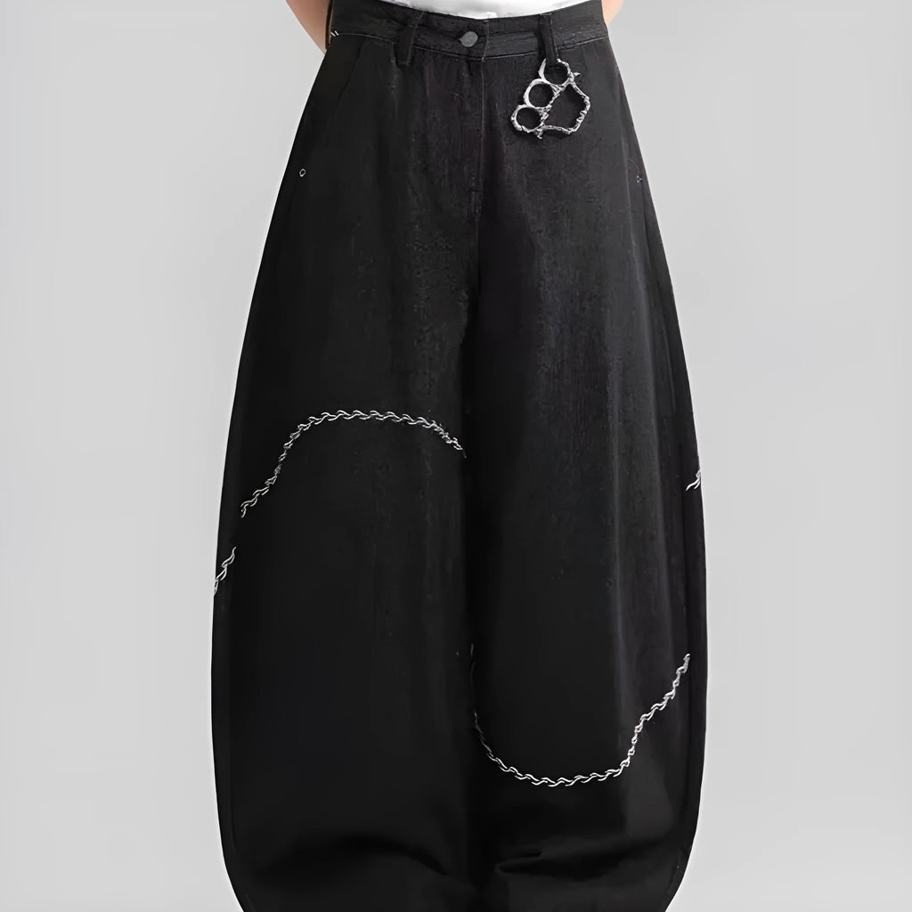 Black straight-leg denim trousers with mid-waist and zip fly for autumn winter wear